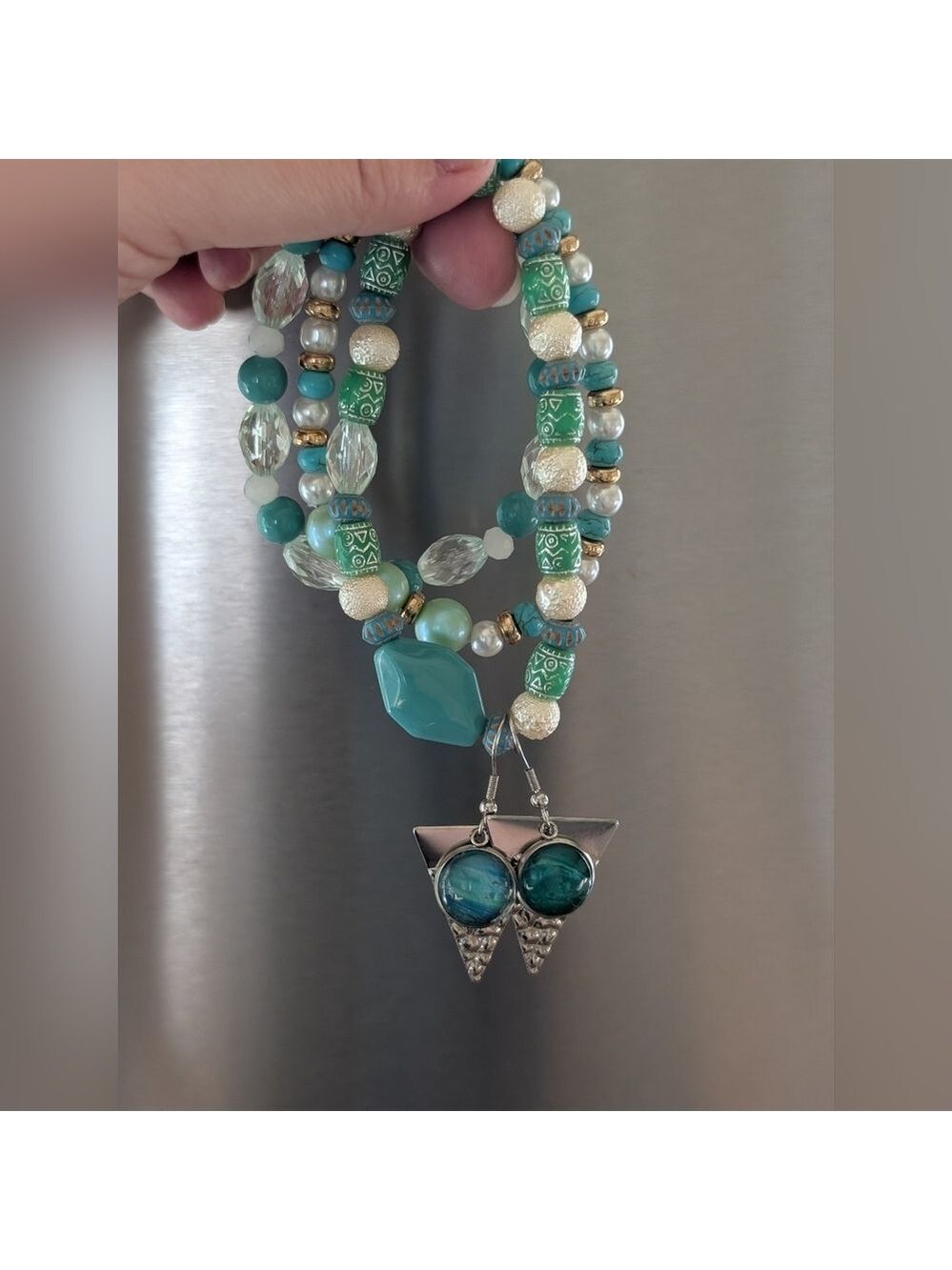 Turquoise and Gold Boho Style Beaded Bracelet Set With Matching Earrings
